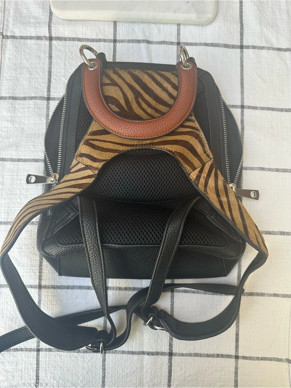 INZI Black Leather Backpack with Brown Zebra Straps
